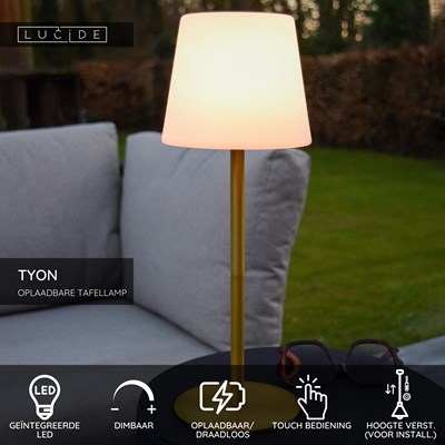 Lucide TYON - Oplaadbare Tafellamp Binnen/Buiten - Accu/Batterij - Ø 15 cm - LED Dimb. - 1x2W 2700K - IP65 - Mat Goud / Messing